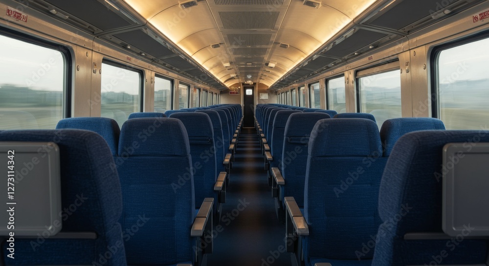Empty train car seats facing forward during daylight travel Empty train car seats facing forward during daylight travel
