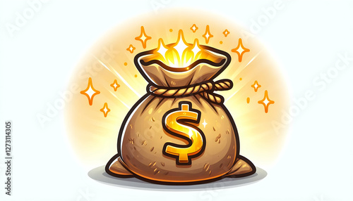 Asset A digital illustration of a cartoonish burlap sack with a glowing dollar sign, slightly open with go3
