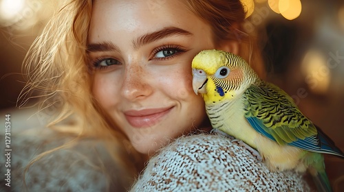 Woman, parrot, cozy home, bokeh background, pet portrait