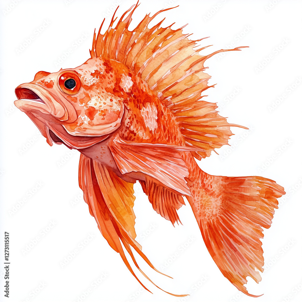 Fototapeta premium Illustration of the Bigscale Scorpionfish, soft watercolor tones, white background, detailed illustration, cartoonish.