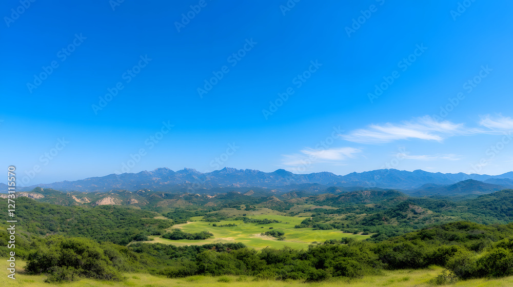 Panoramic View of a Scenic Landscape with a Calm Blue Sky and Lush Greenery
Panoramic View of a Scenic Landscape with a Calm Blue Sky and Lush Greenery