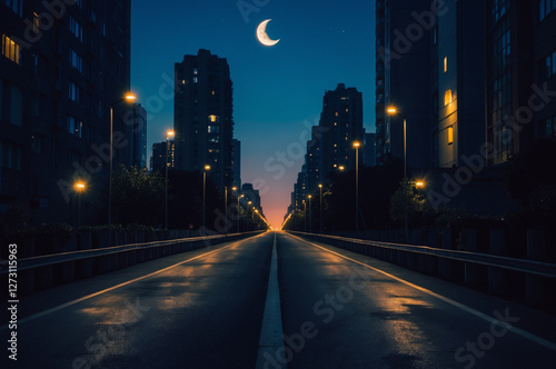 Serene Night Cityscape with Crescent Moon, Illuminated Road, and Towering Buildings – Urban Tranquility, Glowing Lights, and Endless Perspective for Dreamy and Contemplative Journeys