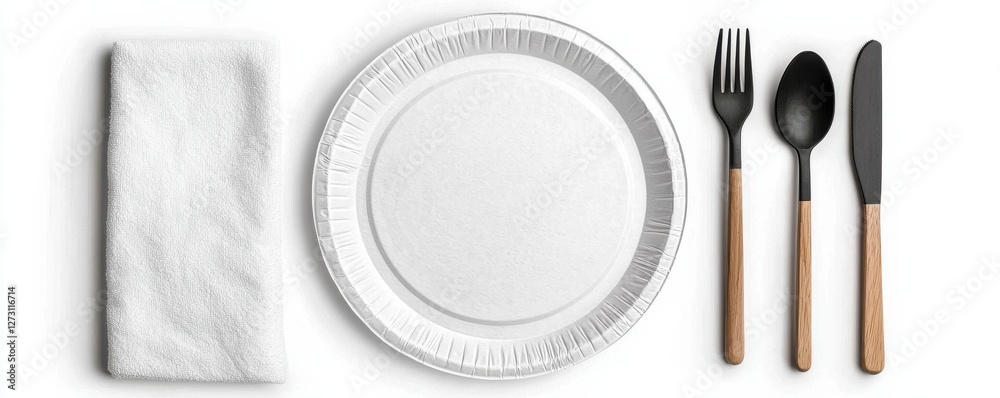 Minimalist Table Setting with White Napkin, Paper Plate, and Black Cutlery on Light Background Minimalist Table Setting with White Napkin, Paper Plate, and Black Cutlery on Light Background