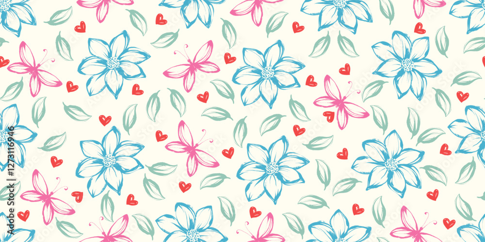 Seamless Pattern with Hand Drawn Crayon Flowers and Butterflies with Pastel Colors. Botanical hand painted plants with grunge texture Seamless Pattern with Hand Drawn Crayon Flowers and Butterflies with Pastel Colors. Botanical hand painted plants with grunge texture