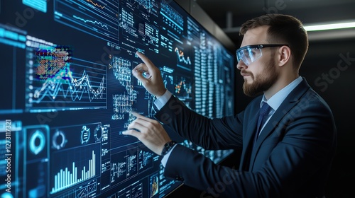 An engineer analyzing AI-powered data visualizations of industrial efficiency reports on a holographic interface