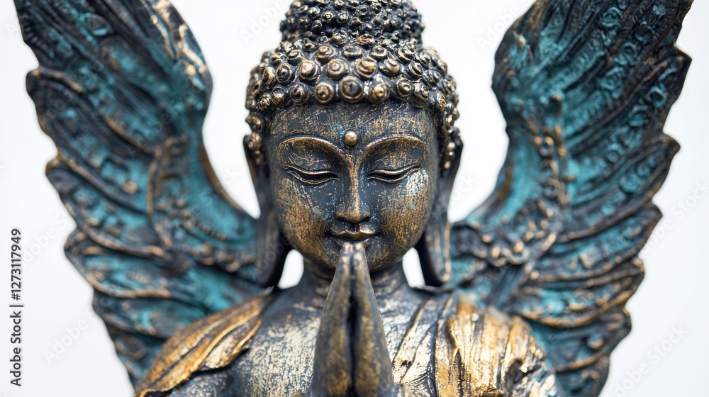 A Buddhist angel-like figure, with serene features and delicate wings, symbolizing the divine presence of compassion, on a white background. A Buddhist angel-like figure, with serene features and delicate wings, symbolizing the divine presence of compassion, on a white background.