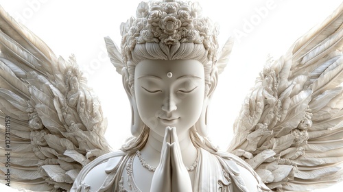 A Buddhist bodhisattva depicted with angelic features, serene face, and soft wings, symbolizing universal love on a white background.