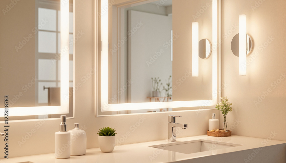 Fototapeta premium Elegant illuminated vanity in luxury bathroom, serene ambiance