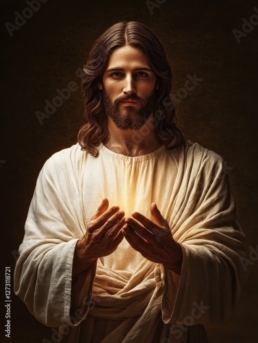 Illuminated Jesus Christ holding hands in amen gesture
