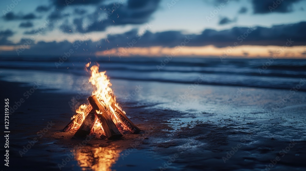 Beach Bonfire at Sunset: Burning wood, ocean waves, and a dramatic sky create a stunning scene. Beach Bonfire at Sunset: Burning wood, ocean waves, and a dramatic sky create a stunning scene.