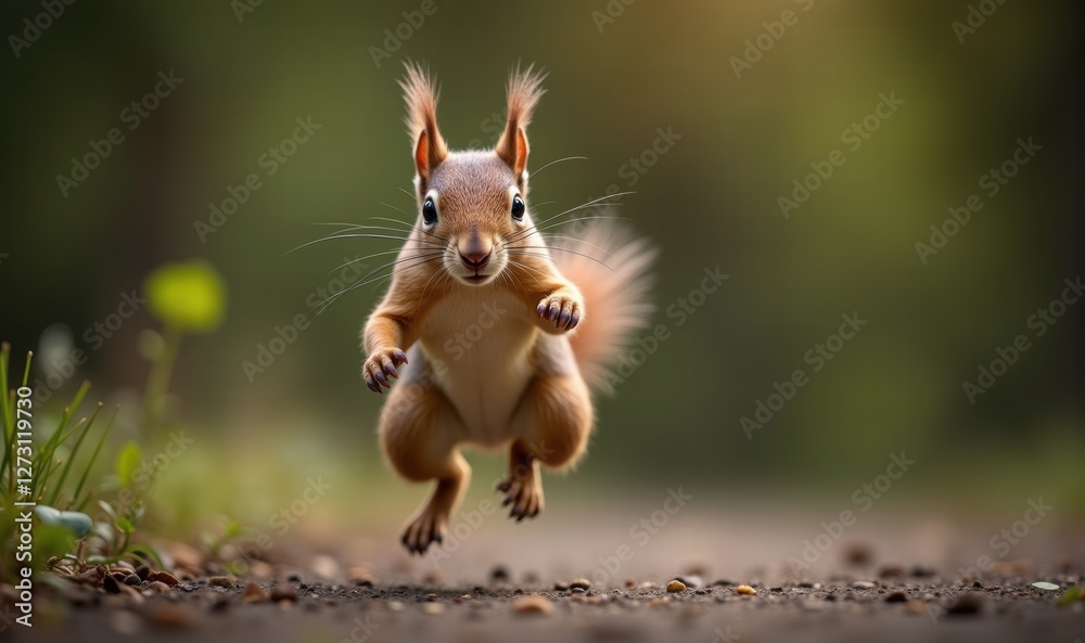 Obraz premium A lively squirrel captured mid-leap, showcasing its playful energy in a natural setting. Perfect for wildlife, nature, and outdoor themes.