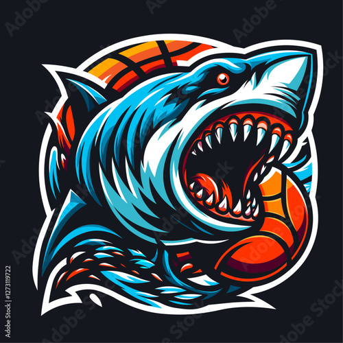 Raging tiger shark in a color block vector illustration style with a basketball for a t-shirt jersy print