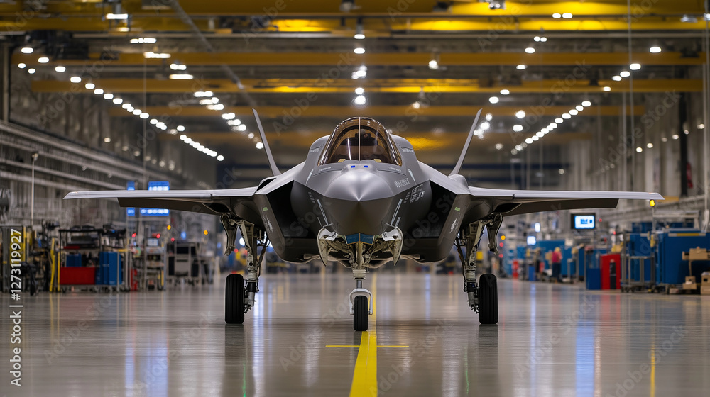 A dramatic close-up of an F-35 Lightning II, its advanced avionics and weapon systems visible under the soft glow of overhead lights. The hangar is lined with high-tech maintenance