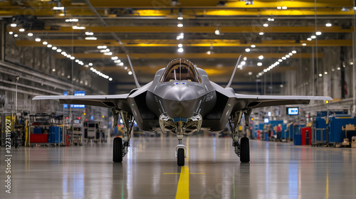Obraz na płótnie A dramatic close-up of an F-35 Lightning II, its advanced avionics and weapon systems visible under the soft glow of overhead lights. The hangar is lined with high-tech maintenance w salonie