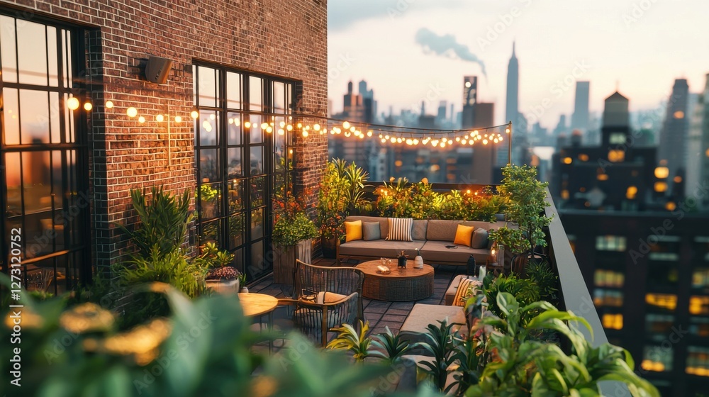 A cozy rooftop terrace at twilight featuring string lights, lush greenery, comfortable seating and stunning cityscape views, creating a perfect urban escape.