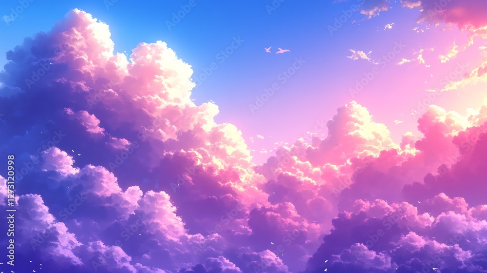 Fototapeta premium Dreamy pastel clouds softly illuminated by a vibrant sunset glow. AI Generated