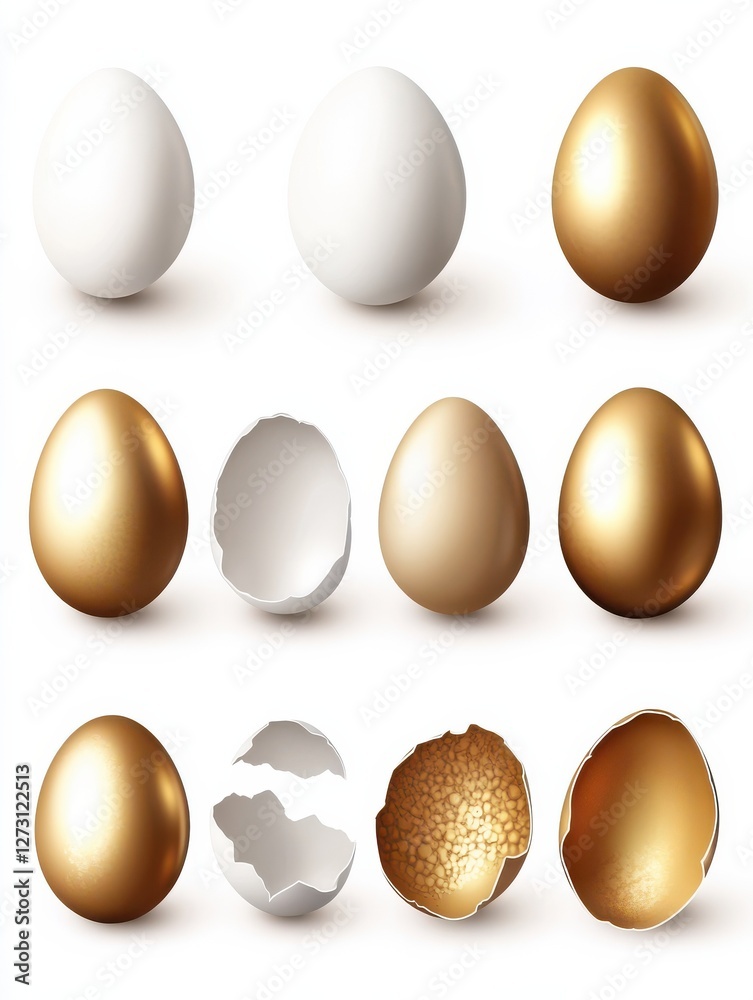 Realistic eggs. White egg and broken shell, golden silver bronze easter hunting elements. Farm product set Realistic eggs. White egg and broken shell, golden silver bronze easter hunting elements. Farm product set