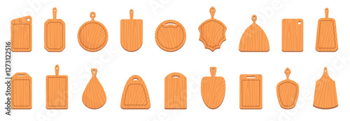 Wooden cutting boards. Kitchen chopping substrates, light wood products, different shapes plates for pizza, slice food, cooking tools, dishes cartoon flat isolated nowaday vector set