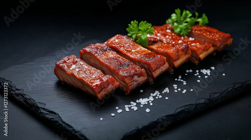 Lamb ribs and mutton cutlets arranged in a semi-circle on a rough, black slate board, their rich red hues enhanced by dramatic lighting. A sprinkle of coarse sea salt and fresh par photo