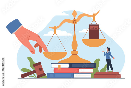 Unlawful influence on judicial process. Justice scales and wooden judge gavel, illegal authority and corruption. Judgment system. Criminal legislation cartoon flat isolated vector concept
