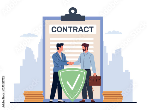 Two businessmen entered into contract. People signing paper document, partnership and cooperation legalization, business agreement. Deal approval, Cartoon flat isolated vector concept