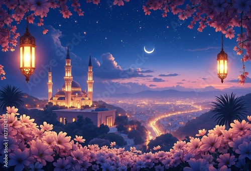 Nighttime Cityscape with Mosques Flowers and Stars, Ramadan concept photo