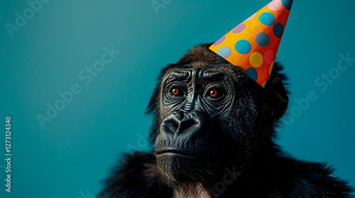 A gorilla wearing a colorful polka dot party hat against a teal background. The expressive face and detailed fur create a humorous and surreal portrait, blending wildlife and celebration themes. photo