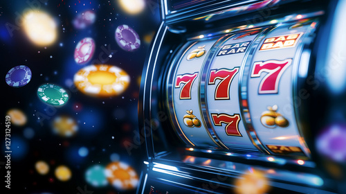 A modern, abstract slot machine display with colorful swirling lights, featuring the iconic 777 gold jackpot symbol at the center. The background is alive with energy, creating a s