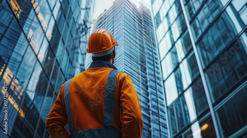 worker in helmet and uniform looks at construction of glass skyscrapers view from below