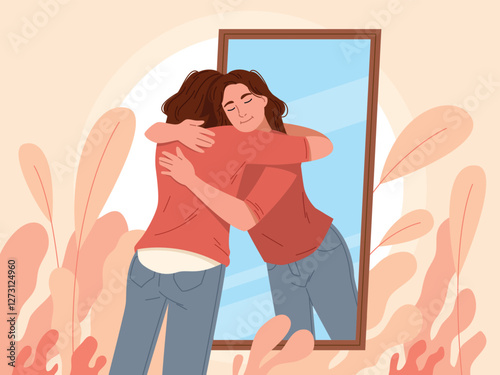 Self love. Woman hugs her reflection in mirror, acceptance, comfort, psychological health, harmony, positive emotions, motivation cartoon flat isolated tidy vector psychology concept