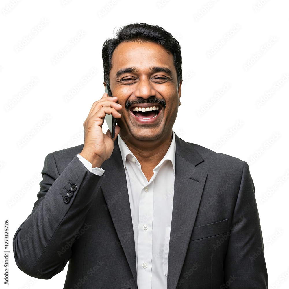 businessman holding a mobile phone with smiling face. Portrait of positive businessman laughing out loud while using mobile phone in white background. businessman holding a mobile phone with smiling face. Portrait of positive businessman laughing out loud while using mobile phone in white background.