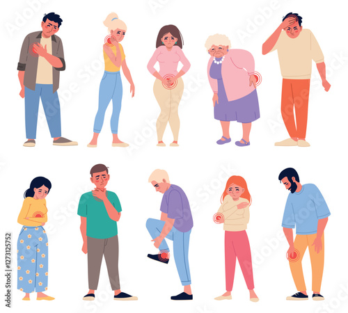Sad people suffering pain. Different kind of pain, unhappy men and women, painful body points, joints, head, heart, red tags, painkiller advertising, cartoon flat isolated vector set