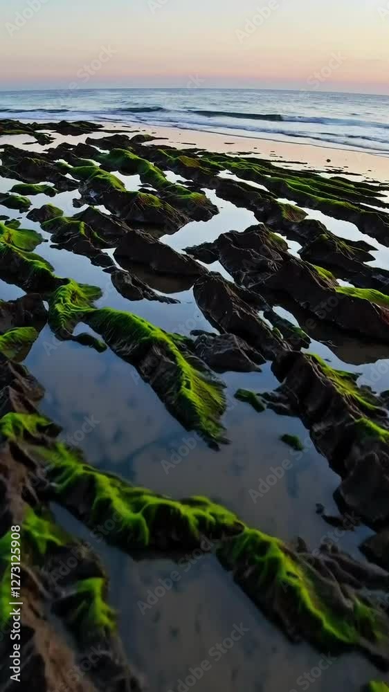 Tranquil ocean tide receding revealing mossy rocks at sunrise beach