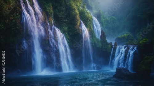Majestic waterfalls cascading down lush green cliffs, misty atmosphere, tranquil pool, nature scene, ideal for travel brochures