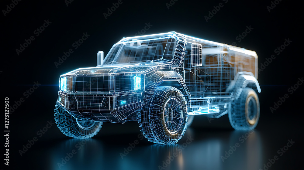 Naklejka premium Futuristic neon wireframe truck with blue light effects digital environment 3d visualization high-tech concept futurism