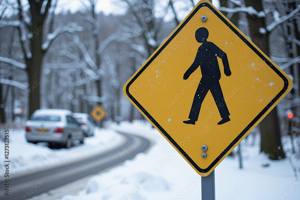 Φωτογραφία Pedestrian Crossing Sign in Snowy Winter Park Landscape with Blurred Cars