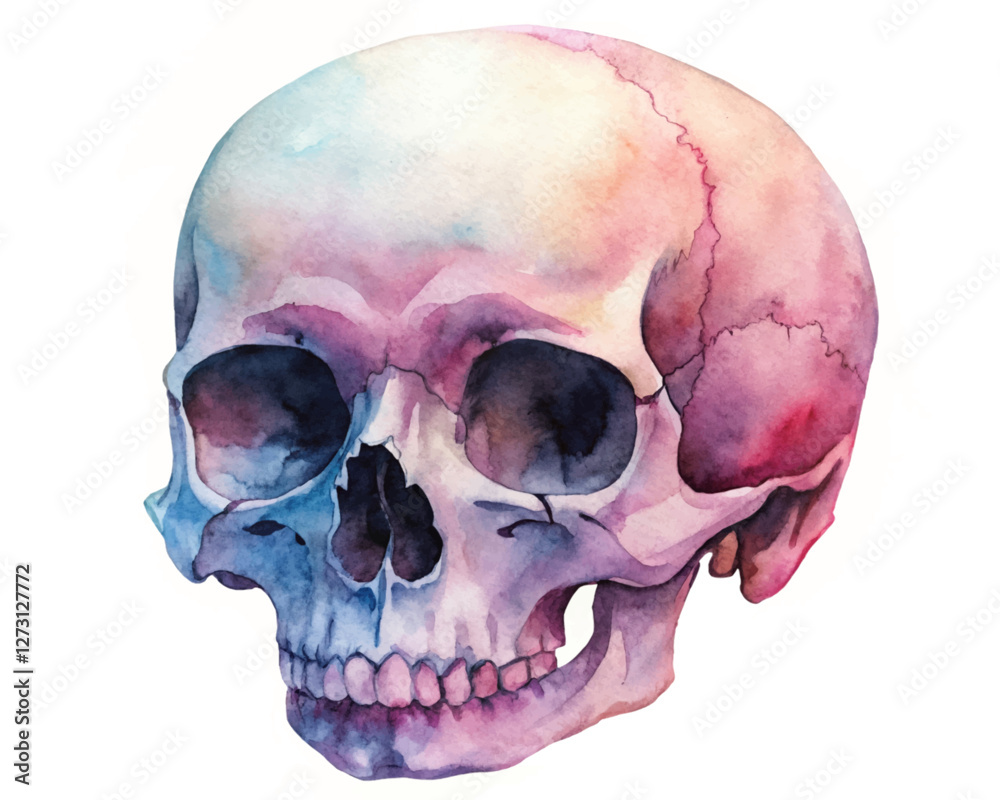 Obraz premium Watercolor skull illustration, vibrant colors, artistic style, educational use, medical reference, creative artwork.