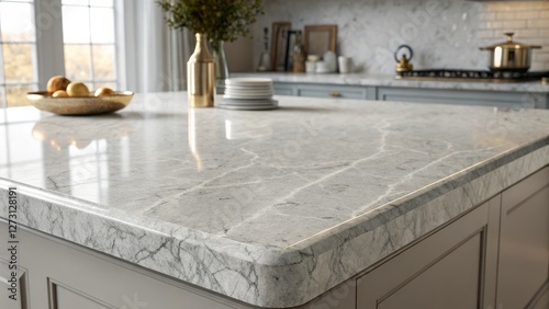 Grey Marble Kitchen Countertop Polished Finish, Modern Design, Close-up View, Kitchen Island, Luxury Home Kitchen Design, Interior Design