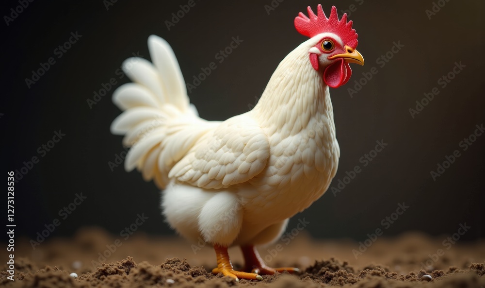 Fototapeta premium A realistic white chicken standing on earthy soil, showcasing its details and vibrant colors. Ideal for food, agriculture, and livestock-related projects.