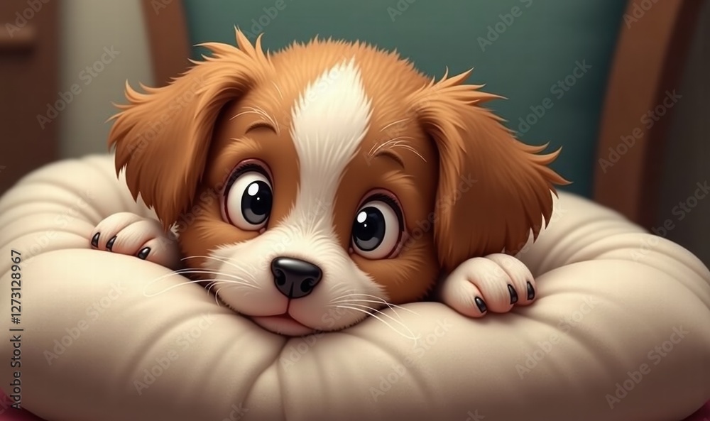 Cute cartoon puppy resting on a soft pillow, perfect for pet-related content, children's products, and marketing materials that evoke warmth and joy. Cute cartoon puppy resting on a soft pillow, perfect for pet-related content, children's products, and marketing materials that evoke warmth and joy.