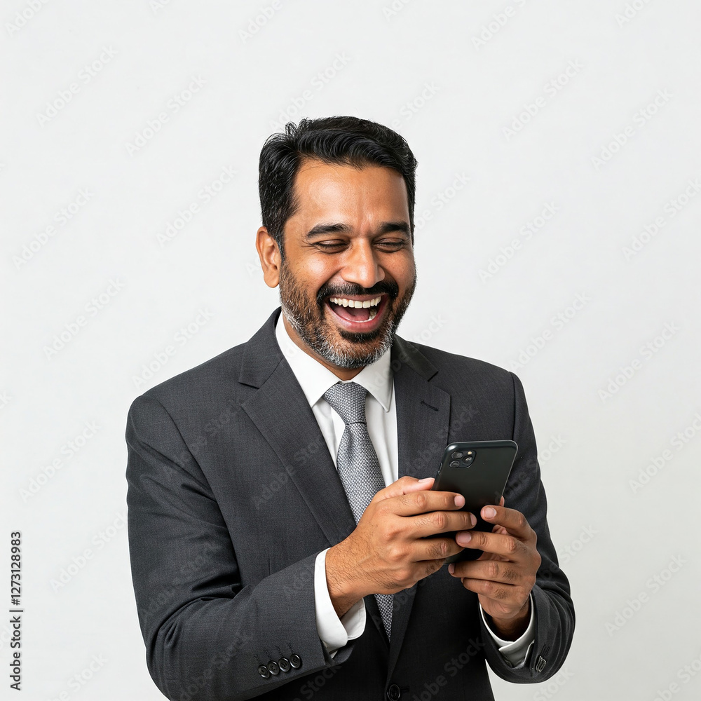 businessman holding a mobile phone with smiling face. Portrait of positive businessman laughing out loud while using mobile phone in white background. businessman holding a mobile phone with smiling face. Portrait of positive businessman laughing out loud while using mobile phone in white background.