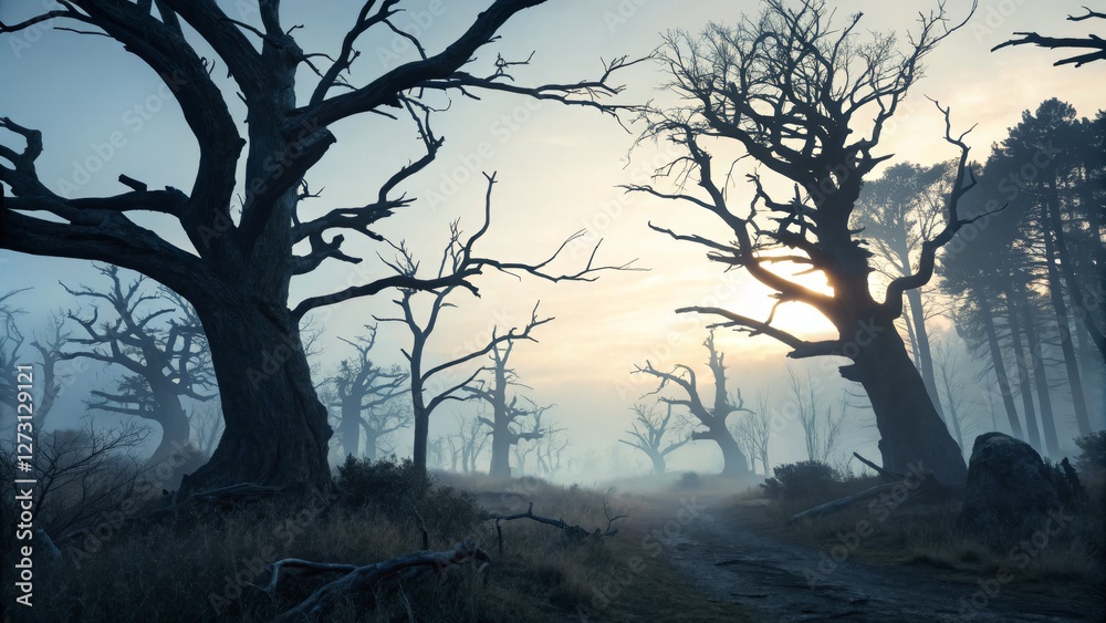 Misty Dead Tree Forest Path Digital Art, Silhouette Composition, Sunlit Fog, Halloween, Dark Fantasy, Nature Keywords Digital painting, spooky Misty Dead Tree Forest Path Digital Art, Silhouette Composition, Sunlit Fog, Halloween, Dark Fantasy, Nature Keywords Digital painting, spooky