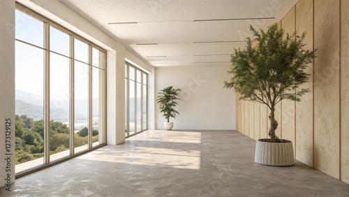 Minimalist Room Design Panoramic Window View  Concrete Floor  Potted Plants  Modern Interior minimalist interior design  modern architecture