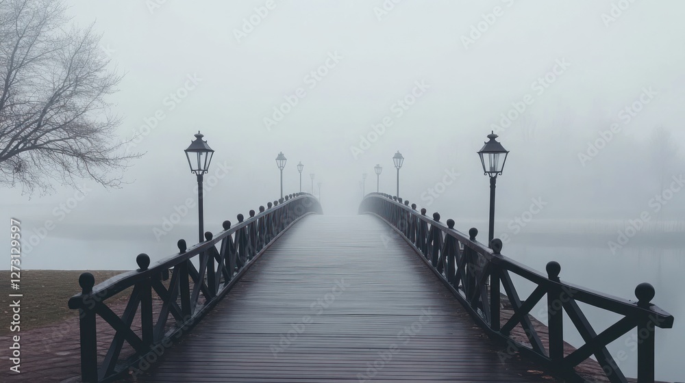 Fototapeta premium Misty Bridge Enchantment: A Serene Fog-Shrouded Walkway