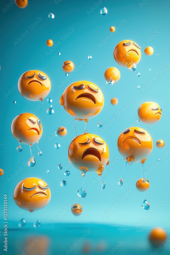 Cluster of sad and crying emojis with teardrops, detailed glossy surfaces, arranged dynamically, soft blue solid background Cluster of sad and crying emojis with teardrops, detailed glossy surfaces, arranged dynamically, soft blue solid background