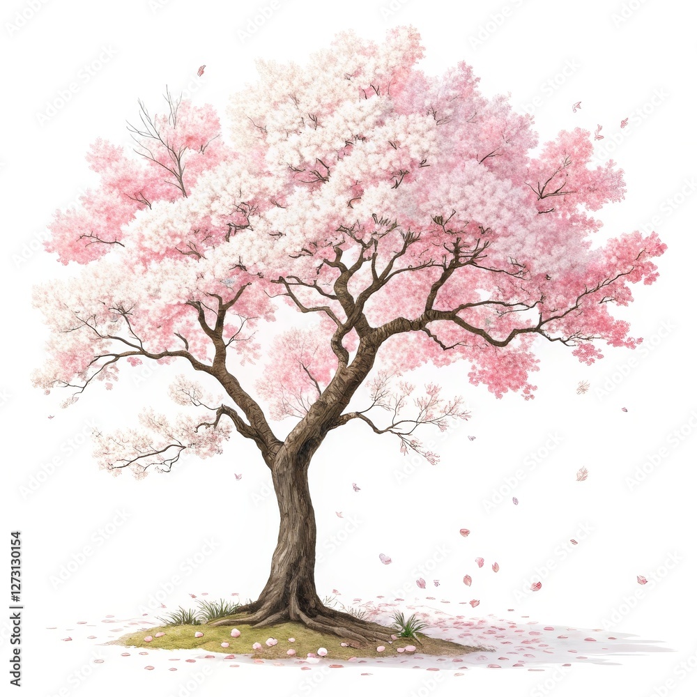 Obraz premium Pink Cherry Blossom Tree Watercolor Illustration, Spring Concept, Floral Art, Nature. Cherry Blossom, Watercolor Painting