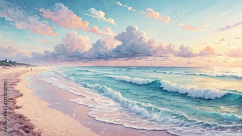Pastel Sunset Beachscape Digital Painting of Ocean Waves and Sandy Shore, Seascape, Coastal Art, beach, ocean, waves, sunset Seascape