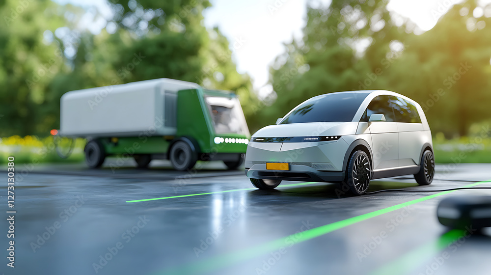 Autonomous delivery vehicles charging at renewable energy stations urban environment futuristic transportation outdoor viewpoint Autonomous delivery vehicles charging at renewable energy stations urban environment futuristic transportation outdoor viewpoint