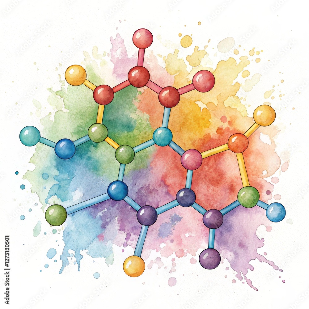 Rainbow Molecule Watercolor, Splashes, Chemical Structure, Science Art, Molecular Model. Chemistry, Biology Rainbow Molecule Watercolor, Splashes, Chemical Structure, Science Art, Molecular Model. Chemistry, Biology
