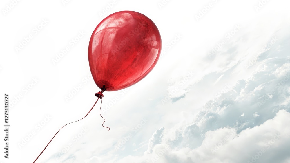 Obraz premium Red Balloon Ascending Single, Cloudy Sky, 3D Render, Hope, Freedom, Digital Art, Balloon. Balloon